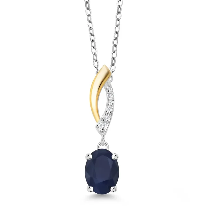 925 Silver and 10K Yellow Gold Gemstone Birthstone and Lab Grown Diamond Pendant Necklace for Women | Oval 8X6MM and Round 1.2MM Accents | Elegant Two-Tone Twisted Drop | 18 Inch Chain