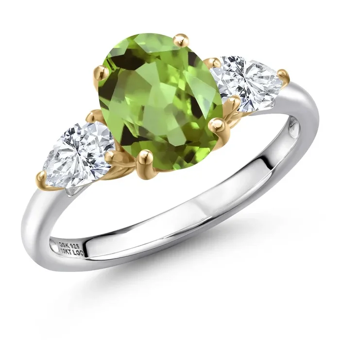 925 Silver and 10K Yellow Gold Green Peridot and F – G Lab Grown Diamond Engagement Ring For Women | 2.80 Cttw | Oval 9X7MM | Gemstone August Birthstone