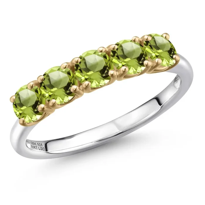 925 Silver and 10K Yellow Gold Green Peridot Wedding-Bands Ring For Women | 1.50 Cttw | Round 4MM | Gemstone August Birthstone