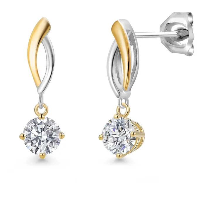 925 Silver and 10K Yellow Gold Lab Grown Diamond Dangle Earrings for Women | 1.00 Cttw | Gemstone April Birthstone | Round 5MM