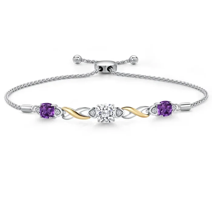 925 Silver and 10K Yellow Gold Moissanite and Gemstone Birthstone Infinity Bracelet for Women with Lab Grown Diamond Accents | Cushion 6MM and 5MM | Adjustable Bolo Bracelet | Easy-On Easy-Off