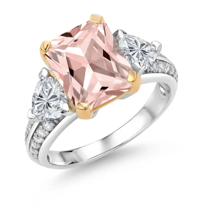 925 Silver and 10K Yellow Gold Peach Nano Morganite and Lab Grown Diamond Engagement Ring For Women | 4.18 Cttw | Octagon 10X8MM | Gemstone October Birthstone