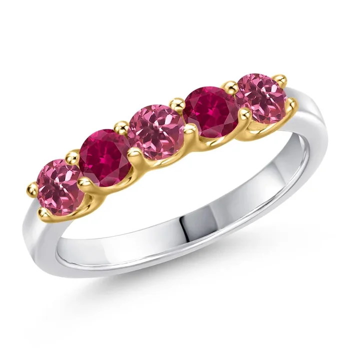 925 Silver and 10K Yellow Gold Pink Tourmaline and Red Created Ruby Wedding-Bands Ring For Women | 0.95 Cttw | Round 3.5MM | Gemstone October Birthstone