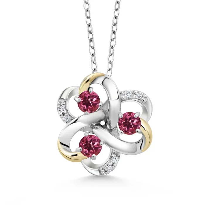 925 Silver and 10K Yellow Gold Round Pink Tourmaline and White Lab Grown Diamond 3-Stone Pendant Necklace For Women (0.80 Cttw, Gemstone October Birthstone, with 18 Inch Chain)