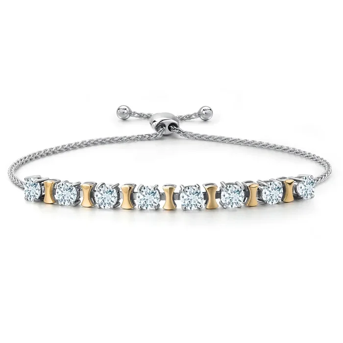 925 Silver and 10K Yellow Gold Sky Blue Aquamarine Bracelet For Women | 2.00 Cttw | Gemstone March Birthstone | Round 4MM | Adjustable up to 9 Inch