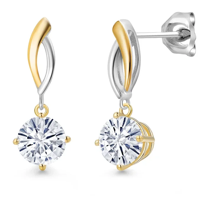 925 Silver and 10K Yellow Gold White Moissanite Dangle Earrings for Women | 2.00 Cttw | Gemstone Birthstone | Round 6.5MM