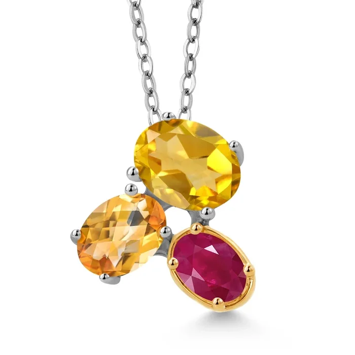 925 Silver and 10K Yellow Gold Yellow Citrine and Red Ruby Pendant Necklace For Women (2.65 Cttw, Oval 8X6MM, 7X5MM and 6X4MM, Gemstone November Birthstone, with 18 Inch Chain)