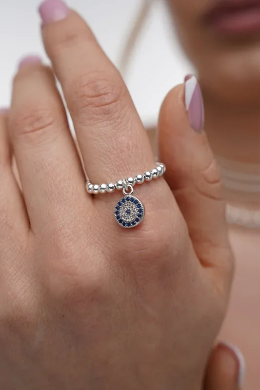 925 Sterling CZ Evil Eye Stretch Charm Ring, Evil Eye, Silver Rings, Stacked Rings