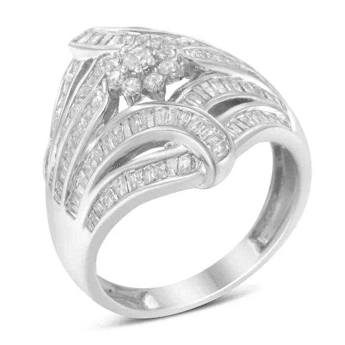 .925 Sterling Silver 1-1/8 Cttw Round & Baguette Diamond ‘Flower & Fern’ Cluster Cocktail Fashion Ring (I-J Color, I2-I3 Clarity)