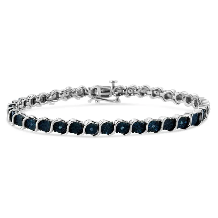 .925 Sterling Silver 1/10 Cttw Miracle-Set Treated Blue Color Diamond Miracle Plate “S” Link Tennis Bracelet (Blue Color, I2- I3 Clarity) – 7.25″
