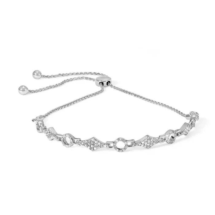 .925 Sterling Silver 1/2 Cttw Diamond Alternating Circle and Kite Link Adjustable Bolo Bracelet (I-J Color, I3 Clarity) – 4″ to 10″ Inches