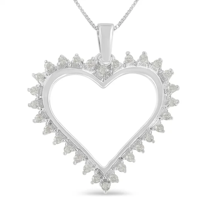 .925 Sterling Silver 1/4 cttw 3-Prong Diamond Open Heart 18″ Pendant Necklace (I-J Color, I3 Clarity)