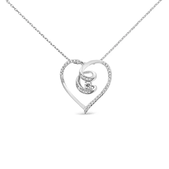 .925 Sterling Silver 1/4 Cttw Brilliant-Cut Diamond Open Heart Twisted Awareness Ribbon 18″ Pendant Necklace (H-I Color, I1-I2 Clarity)