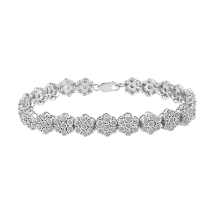 .925 Sterling Silver 2.0 cttw Diamond 7 Stone Floral Cluster Link Bracelet (I-J Color, I3 Clarity) -7.25″
