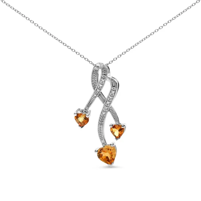.925 Sterling Silver 3-Stone Heart Shape Citrine and Diamond Accent Spiral Drop 18″ Pendant Necklace (H-I Color, SI1-SI2 Clarity)
