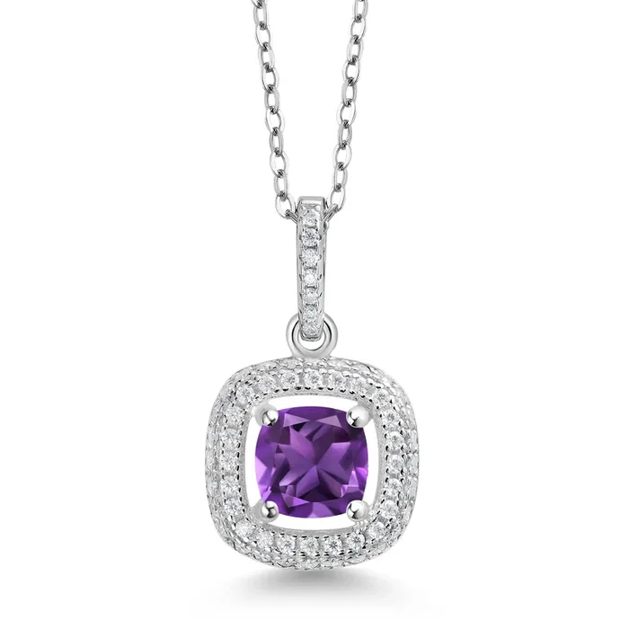 925 Sterling Silver 6MM Cushion Gemstone Birthstone and White Moissanite Pendant Necklace for Women | With 18 Inch Chain
