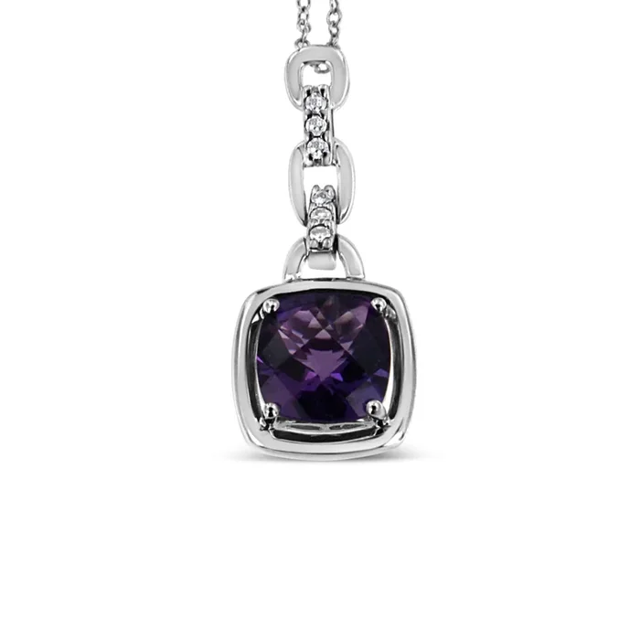 .925 Sterling Silver 6x6MM Cushion Shaped Natural Purple Amethyst and Diamond Accented Bale 18″ Inch Pendant Necklace (I-J Color, I1-I2 Clarity)