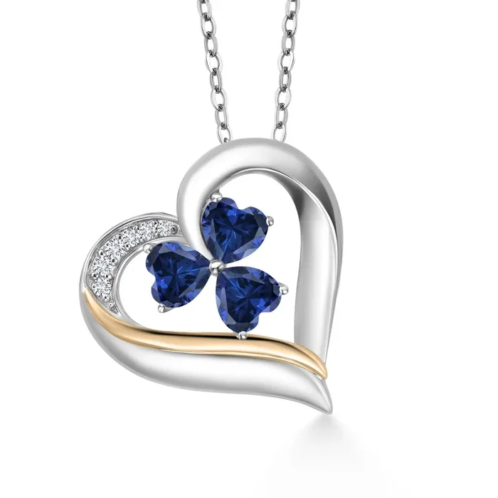 925 Sterling Silver and 10k Yellow Gold Blue Created Sapphire and White Lab Grown Diamond 3-Stone Pendant Necklace For Women 1.54 Cttw, Heart Shape 5MM, 18 Inch Chain