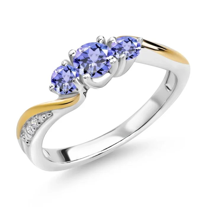 925 Sterling Silver and 10K Yellow Gold Blue Tanzanite and White Lab Grown Diamond 3 Stone Engagement Ring For Women (0.63 Cttw, Gemstone December Birthstone)