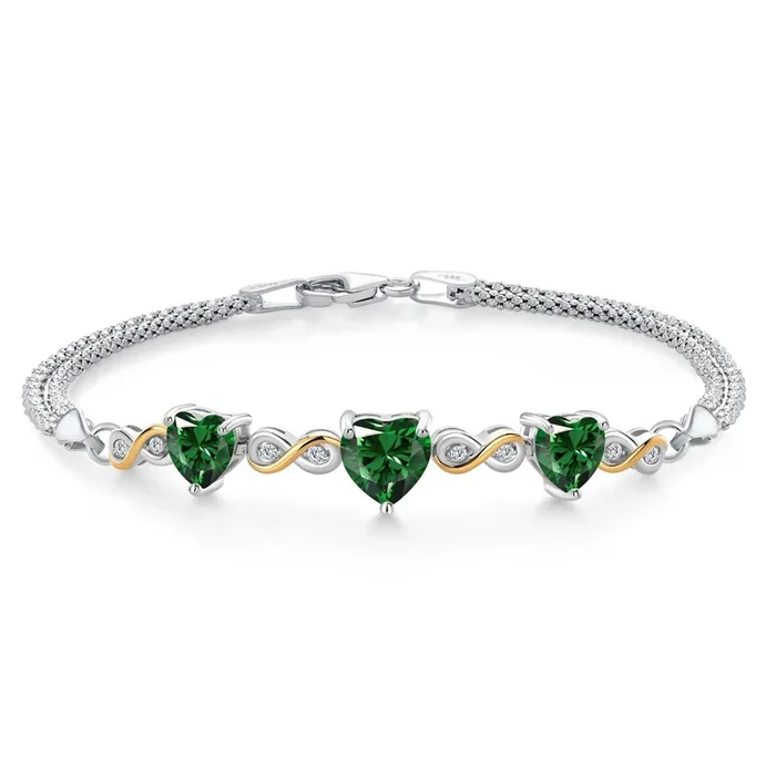 925 Sterling Silver and 10k Yellow Gold Green Nano Emerald and White Lab Grown Diamond Bracelet For Women (2.48 Cttw, Heart 7MM and 6MM, 6.5/7/7.5 Inch, Made In Italy)