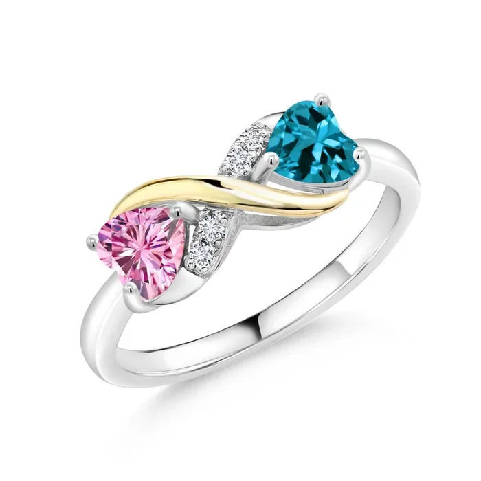 925 Sterling Silver and 10K Yellow Gold Heart Shape Pink Moissanite and Topaz London Blue Women Ring (1.09 Cttw)