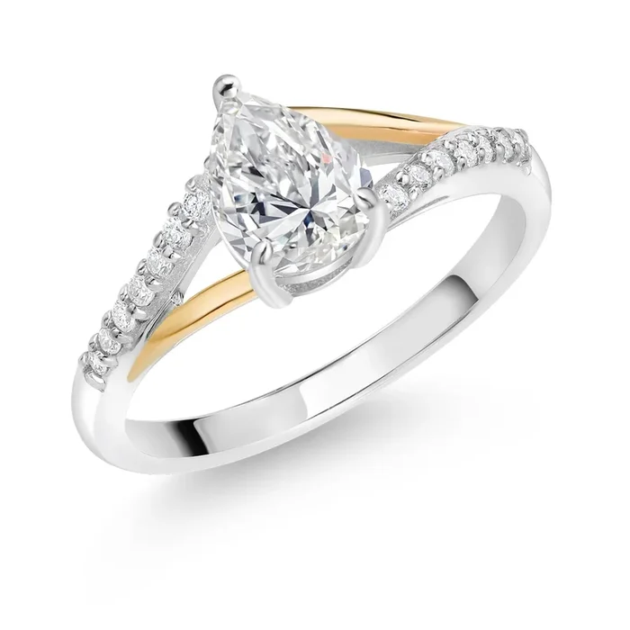 925 Sterling Silver and 10K Yellow Gold IGI Certified Lab Grown Diamond Engagement Ring For Women | 1.14 Cttw | Center Pear Shape Diamond 1 Ct | F-G Color | VS Clarity