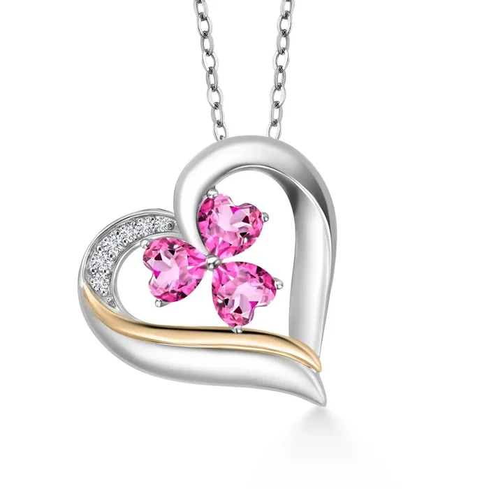 925 Sterling Silver and 10k Yellow Gold Pink Mystic Topaz and White Lab Grown Diamond 3-Stone Pendant Necklace For Women (1.84 Cttw, Heart Shape 5MM, 18 Inch Chain)
