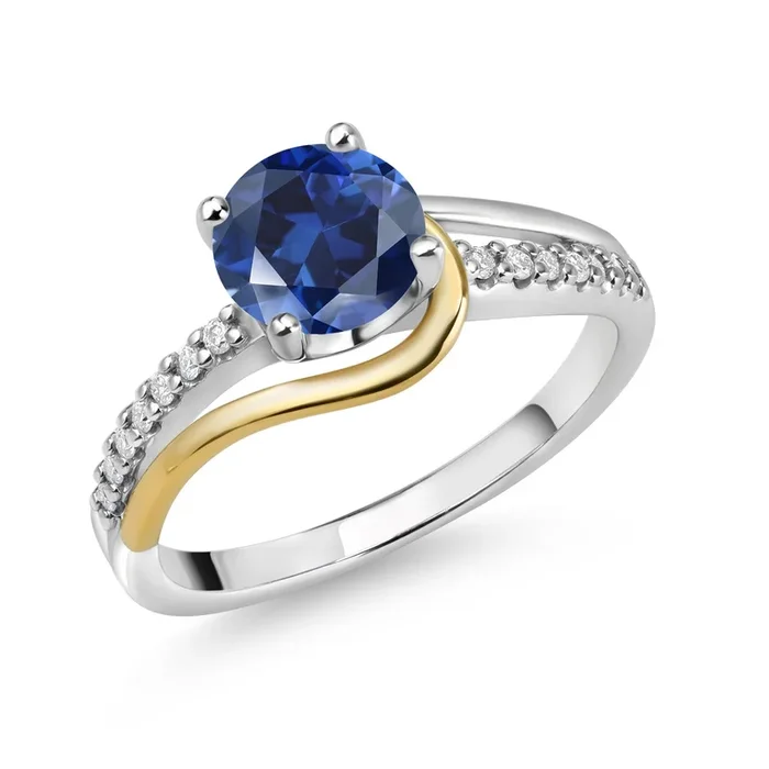 925 Sterling Silver and 10K Yellow Gold Round Blue Created Sapphire and White Moissanite Engagement Ring For Women (1.71 Cttw, Round 7MM)