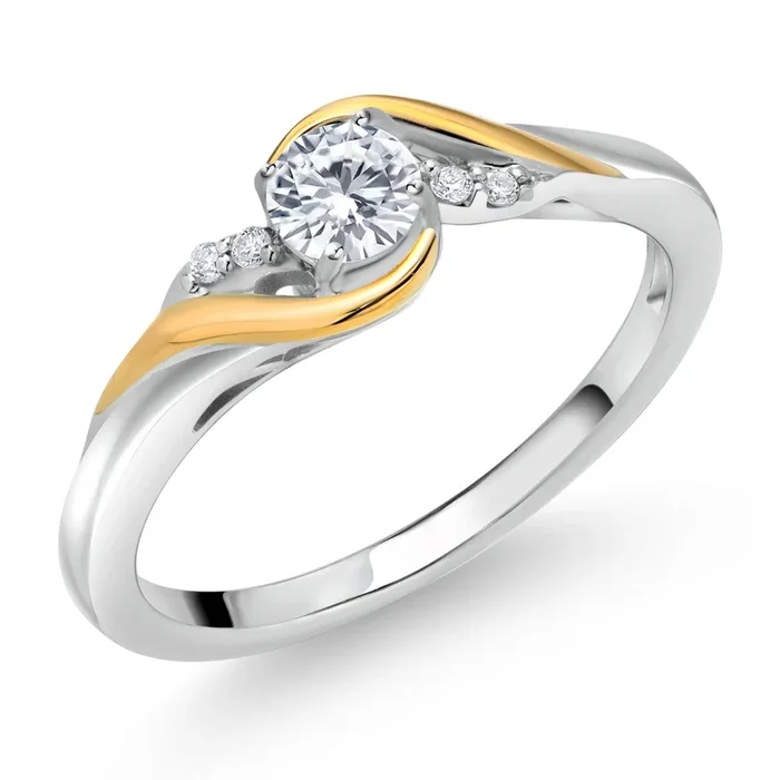 925 Sterling Silver and 10K Yellow Gold Round White Moissanite and White Lab Grown Diamond Engagement Ring For Women (0.26 Cttw, Birthstone)