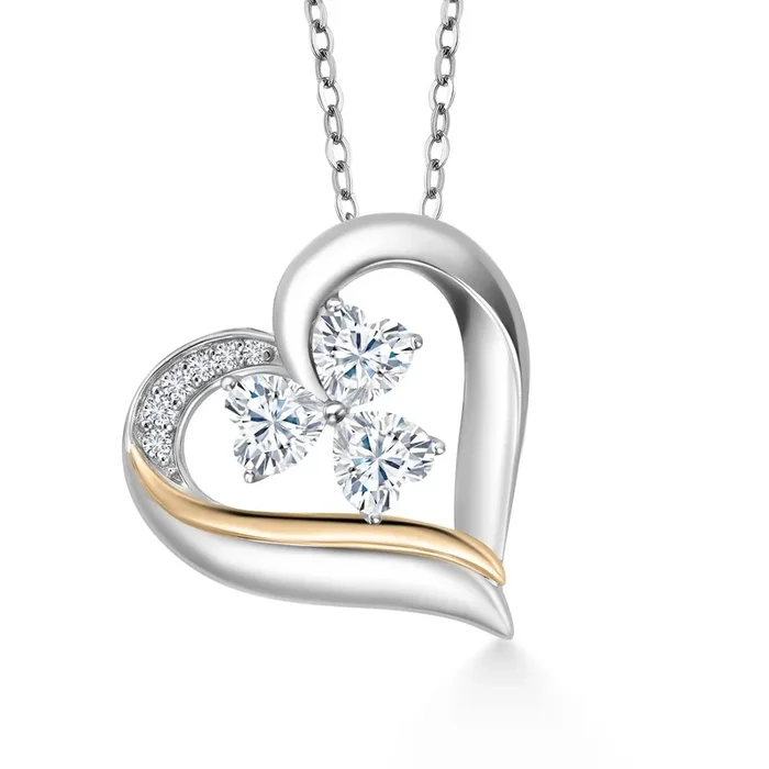 925 Sterling Silver and 10k Yellow Gold White Moissanite and White Lab Grown Diamond 3-Stone Pendant Necklace For Women (1.30 Cttw, Heart Shape 5MM, 18 Inch Chain)