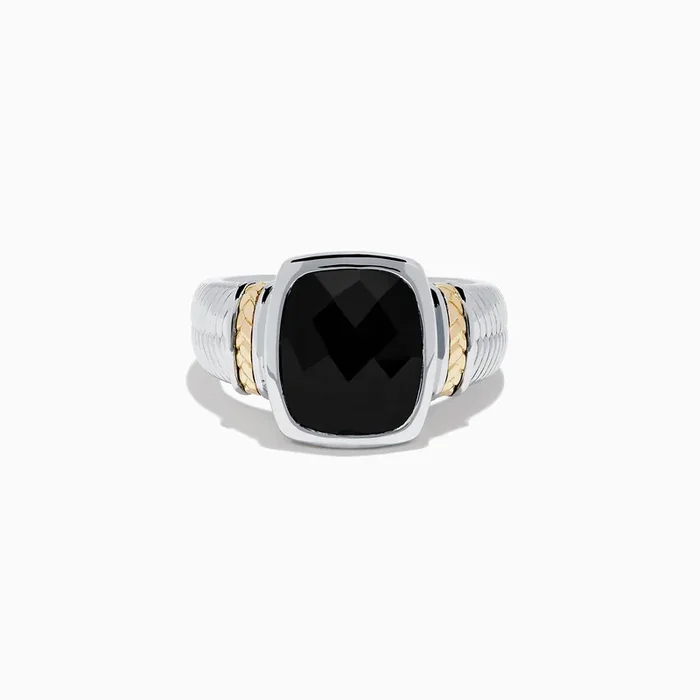 925 Sterling Silver and 14K Yellow Gold Onyx Ring