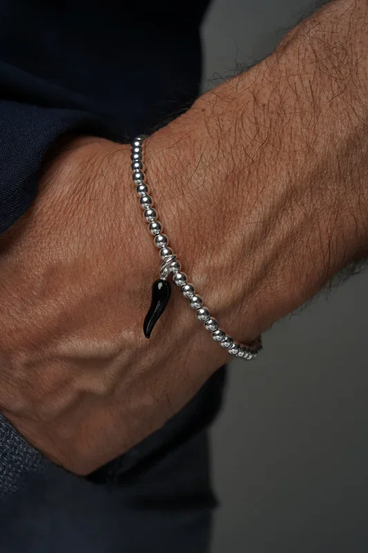 925 Sterling Silver Black Cornetto (Italian Horn) Stretch Bracelet, Malocchio Bracelet, Stacked Bracelets, Silver Bracelets