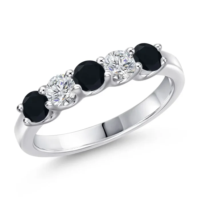 925 Sterling Silver Black Onyx and Lab Grown Diamond 5-Stone Alternate Wedding-Bands Ring For Women | 0.73 Cttw | Round 3.5MM | Gemstone Birthstone