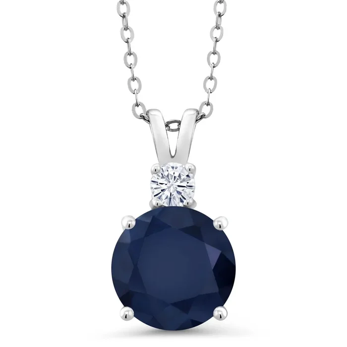 925 Sterling Silver Blue Sapphire and White Moissanite Pendant Necklace For Women (5.11 Cttw, Gemstone September Birthstone, Round 10MM, With 18 Inch Chain)