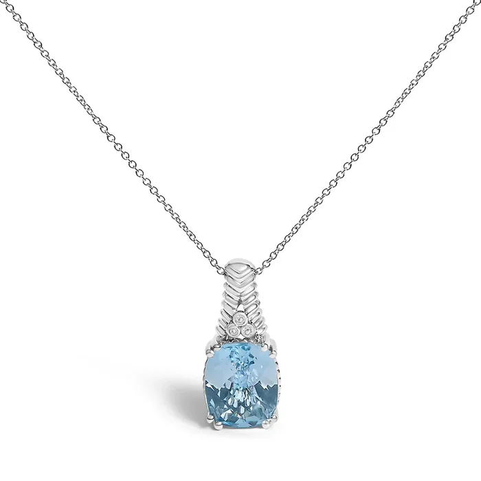 .925 Sterling Silver Blue Topaz and Diamond Accent Textured Pendant Necklace – 18″ Inches