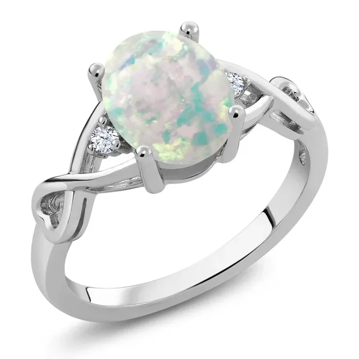 925 Sterling Silver Cabochon White Simulated Opal Ring For Women | 0.69 Cttw | Oval 9X7MM | Gemstone Birthstone