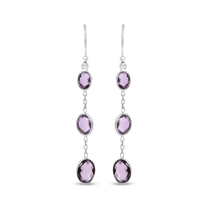 .925 Sterling Silver Checkerboard Cut Oval Purple Amethyst 2″ Inch Drop and Dangle Earrings