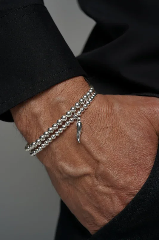 925 Sterling Silver Cornetto Italian Horn Stretch Bracelet, Malocchio Bracelet, Stacked Bracelets, Silver Bracelets