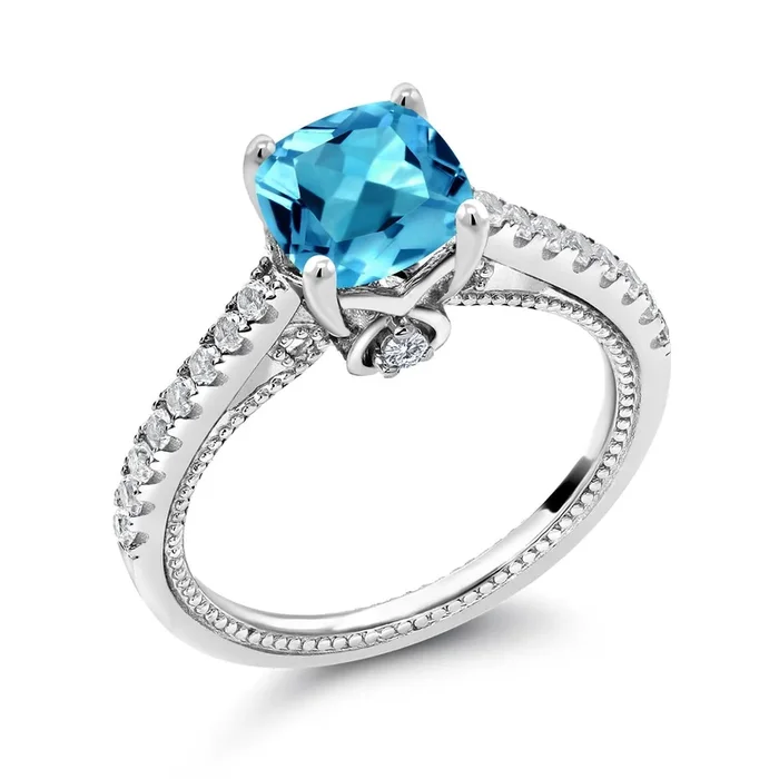 925 Sterling Silver Cushion 7MM Gemstone Birthstone and White Created Sapphire Engagement Ring | Wedding Engagement Anniversary Promise Ring For Women