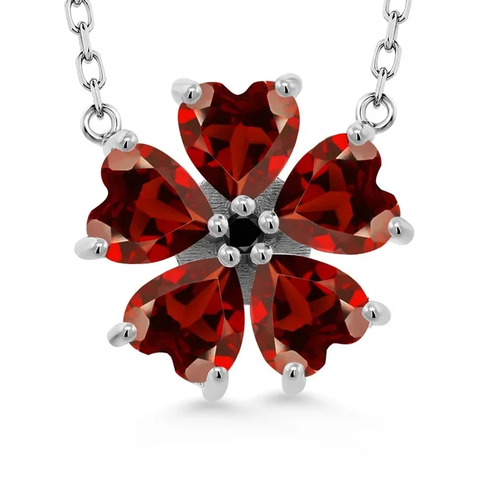 925 Sterling Silver Gemstone Birthstone and Black Diamond Flower Pendant Necklace for Women | Heart Shape 6MM Petals and Round 2MM Center | With 18 Inch Chain | Fine Jewelry for Her Mom Wife