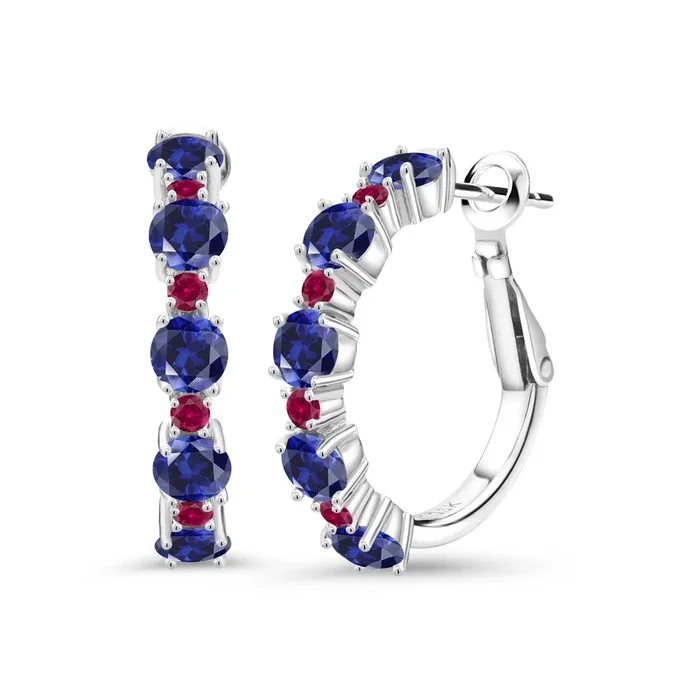 925 Sterling Silver Gemstone Birthstone and Created Ruby Hoop Earrings for Women | Round Cut 4MM and 1.9MM Stones | 1 Inch Diameter Hoops | Fine Jewelry for Her Mom Wife Women