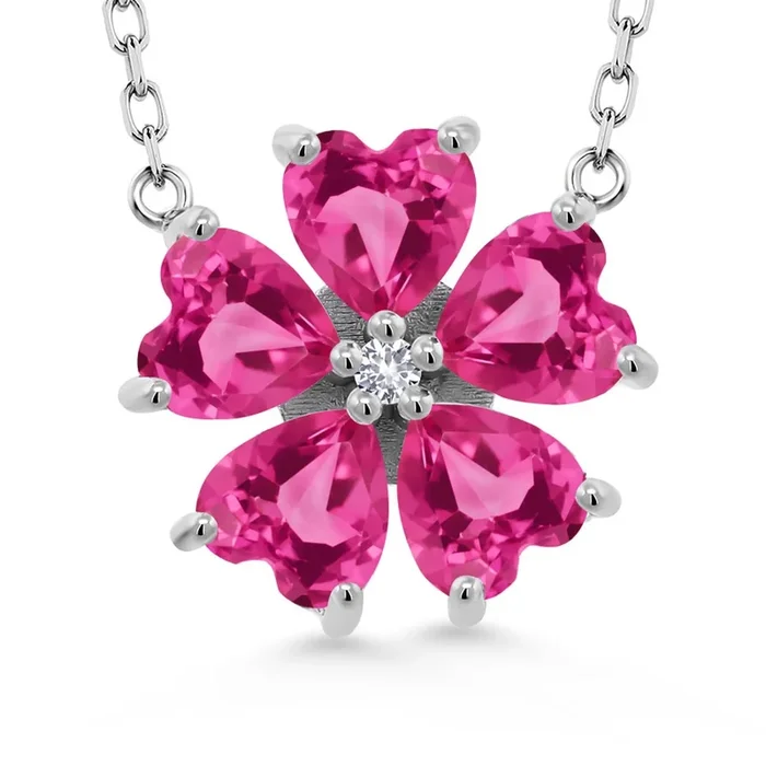 925 Sterling Silver Gemstone Birthstone and White Created Sapphire Flower Pendant Necklace for Women | Heart Shape 6MM Petals and Round 2MM Center | With 18 Inch Chain | Fine Jewelry for Her Mom Wife