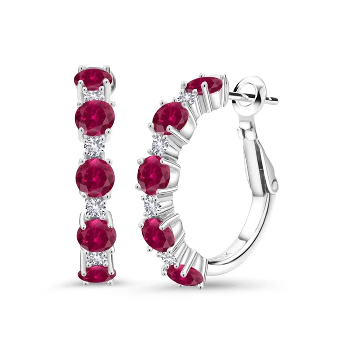 925 Sterling Silver Gemstone Birthstone and White Created Sapphire Hoop Earrings for Women | Round Cut 4MM and 1.9MM Stones | 1 Inch Diameter Hoops | Fine Jewelry for Her Mom Wife Women