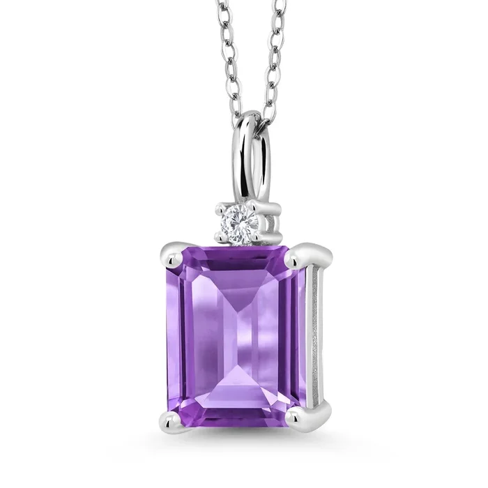 925 Sterling Silver Gemstone Birthstone Pendant Necklace for Women | Emerald Cut 10X8MM and Round 2MM | With 18 Inch Chain | Fine Jewelry for Her Mom Wife