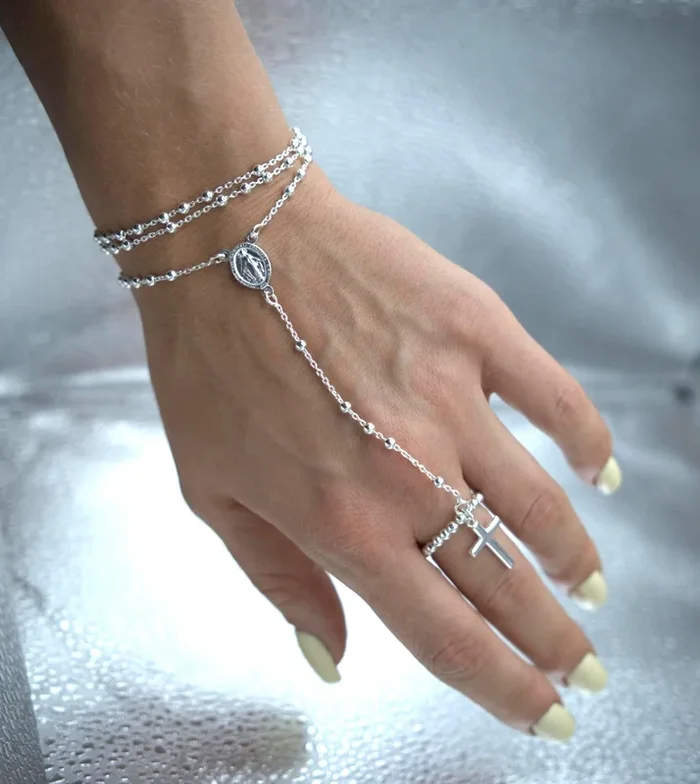 925 Sterling Silver Hand Rosary Bracelet with Ring, Religious, Sterling Silver Bracelet, Beaded Bracelet, Stacked Bracelets