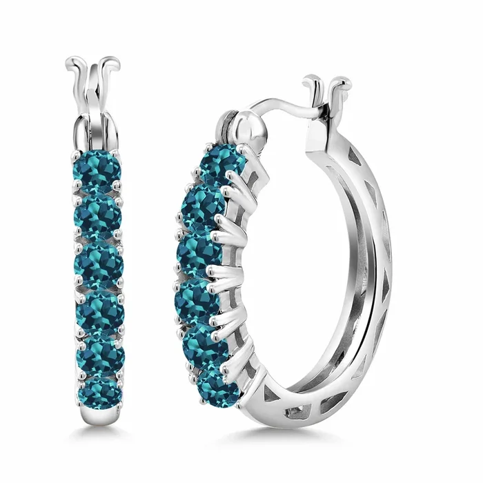 925 Sterling Silver London Blue Topaz Hoop Earrings for Women | 1.56 Cttw | Gemstone November Birthstone | Round 3MM