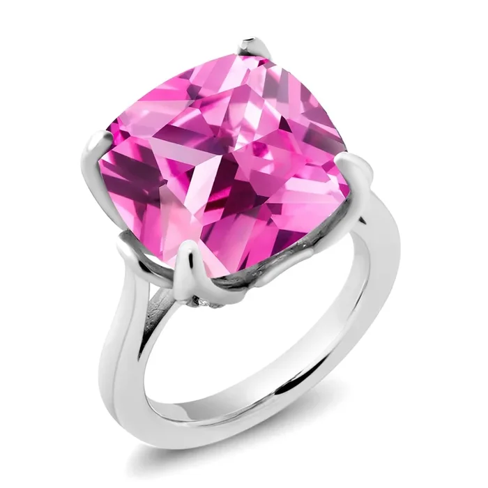 925 Sterling Silver Pink Created Sapphire and Pink Lab Grown Diamond Engagement Ring For Women (14.60 Cttw, 14MM Cushion, Available in Size 5,6,7,8,9)