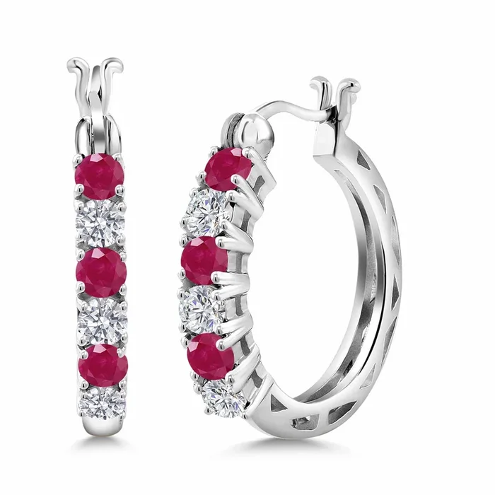 925 Sterling Silver Red Ruby and Lab Grown Diamond Hoop Earrings for Women | 1.59 Cttw | Gemstone July Birthstone | Round 3MM