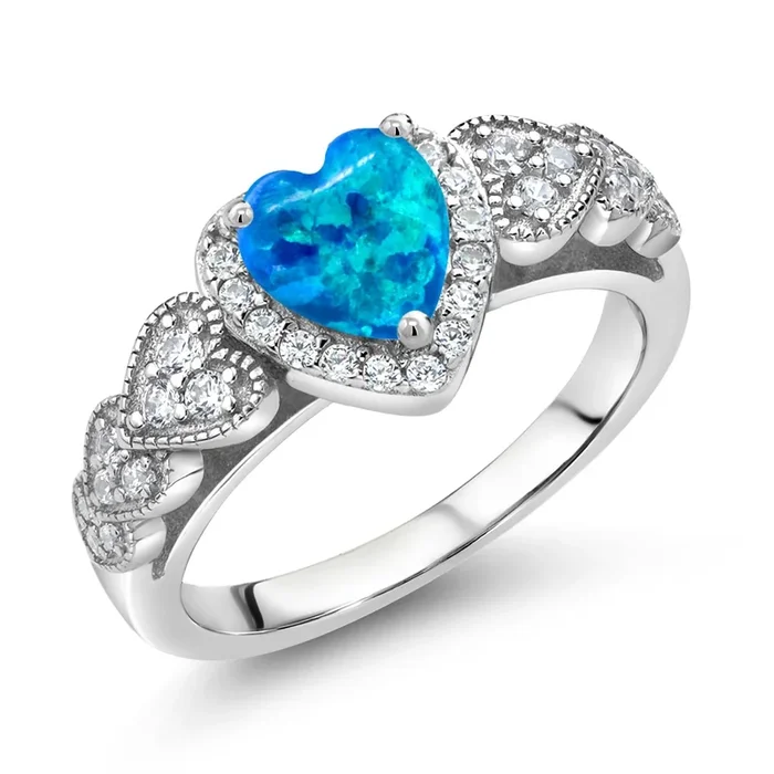 925 Sterling Silver Ring Heart Shape Simulated Opal and Moissanite (0.93 Cttw)