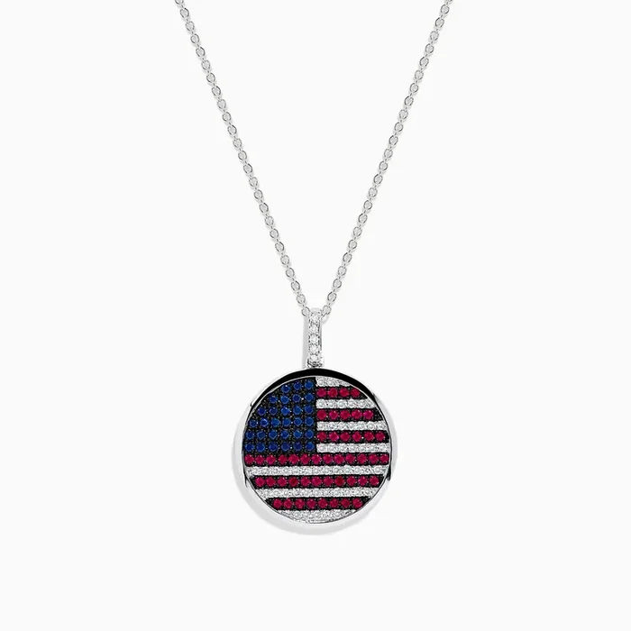 925 Sterling Silver Sapphire, Ruby and Diamond Flag Pendant